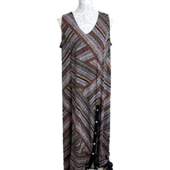 Susan Graver Dress Midi Sleeveless Multicolor Print Adjustable Slit Women's 1XP - Picture 1 of 6